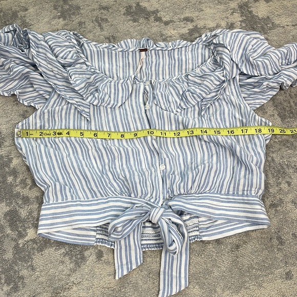 Free People The Rosemary Top Tie Waist Blouse Flutter Ruffle Blue Stripe Sz L - Picture 8 of 12